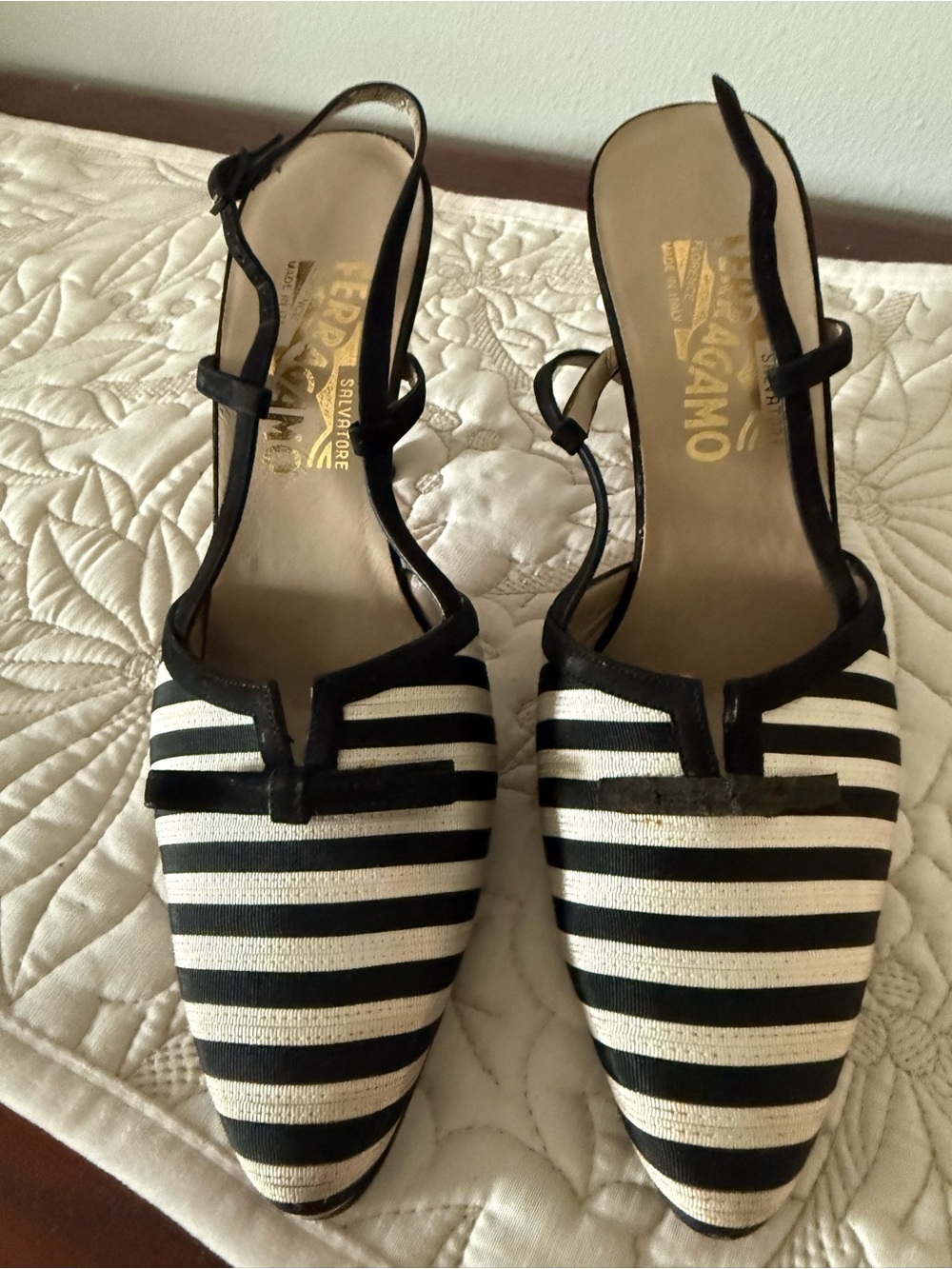 Salvatore Ferragamo Women's Black and White Striped Slingback heels